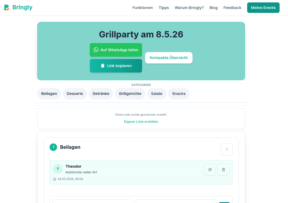 Bringly Event-Ansicht auf dem Desktop mit Kategorien und Einträgen